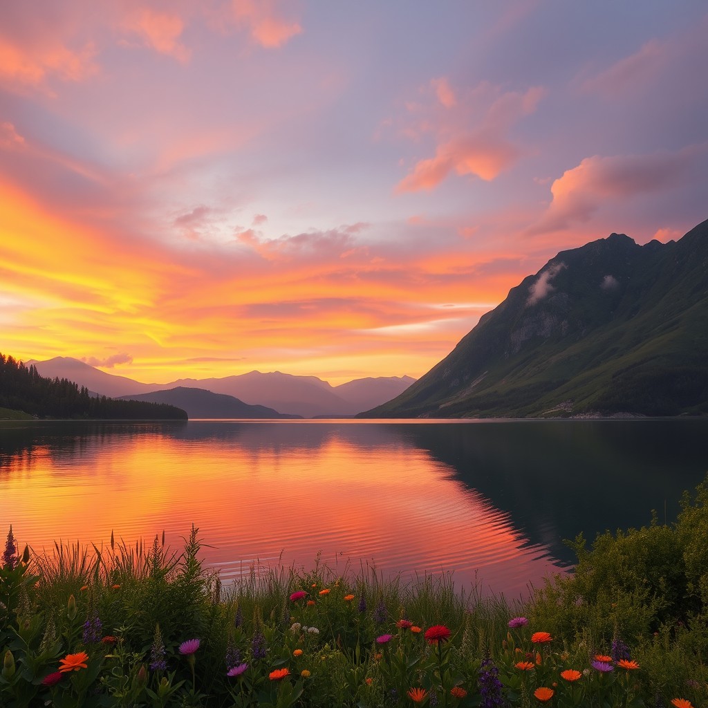 An ethereal landscape featuring a serene lake surrounded by majestic mountains under a vibrant sunset