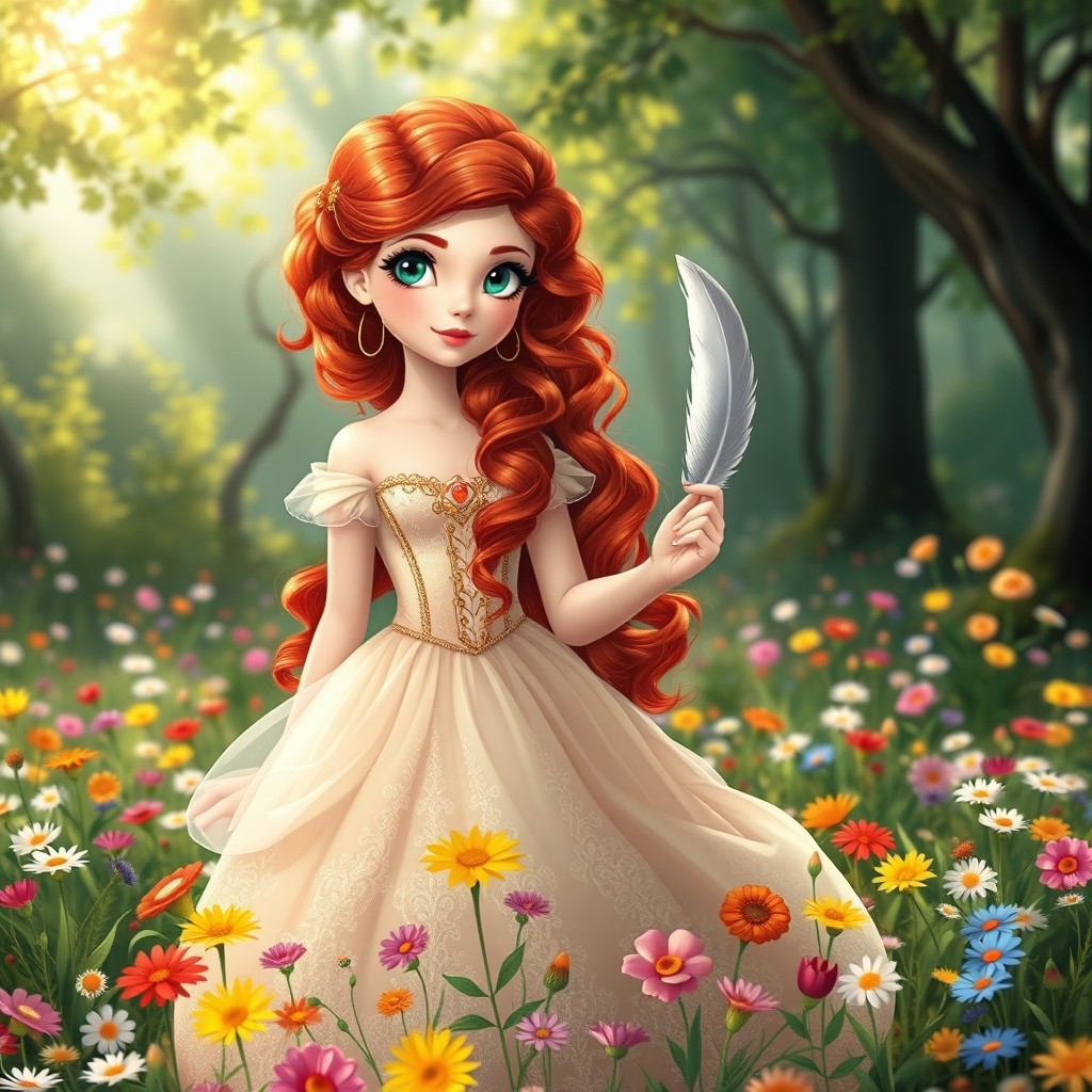 A beautiful red-haired princess with curly hair and light-colored eyes, holding a feather in her hand, standing in a vibrant flower meadow