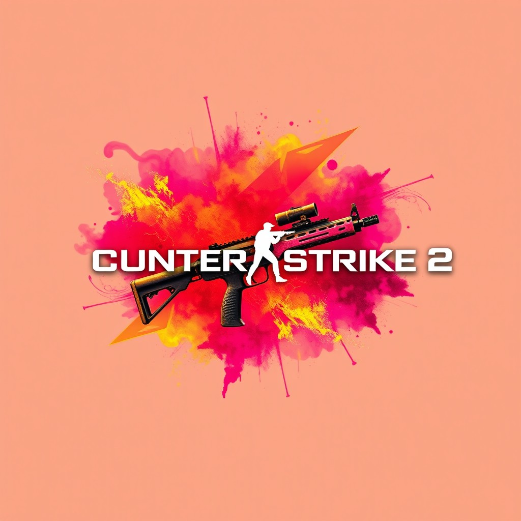 An eye-catching YouTube channel banner for a Counter-Strike 2 portal, featuring vibrant color tones inspired by the game's popular skins, specifically a blend of red, gold, and pink