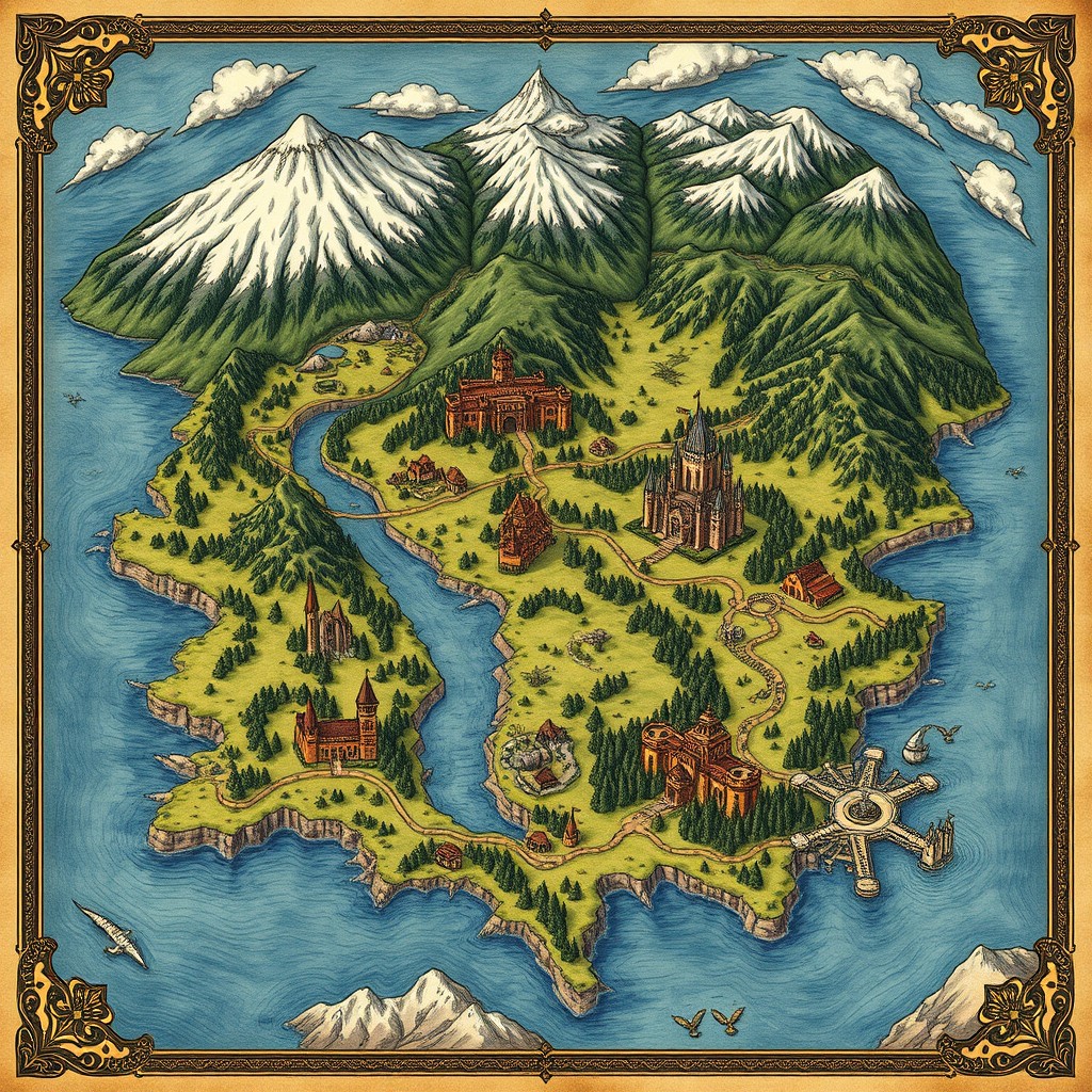 A detailed, hand-drawn fantasy map in the style of Tolkien, showcasing a vast continent with diverse geographical features including snow-capped mountains, dense forests, winding rivers, and coastal areas