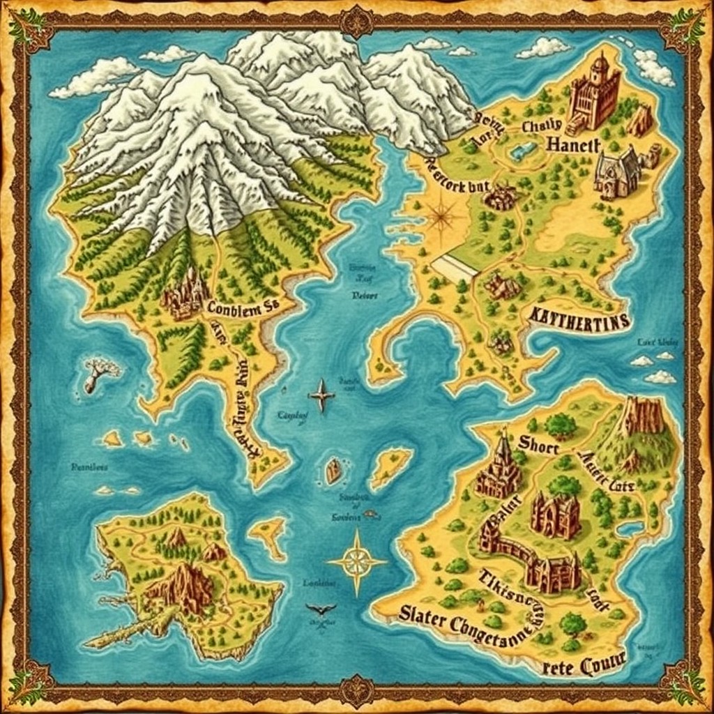 A detailed, hand-drawn fantasy map in the style of Tolkien, showcasing a vast continent along with three additional continents, each featuring diverse geographical elements