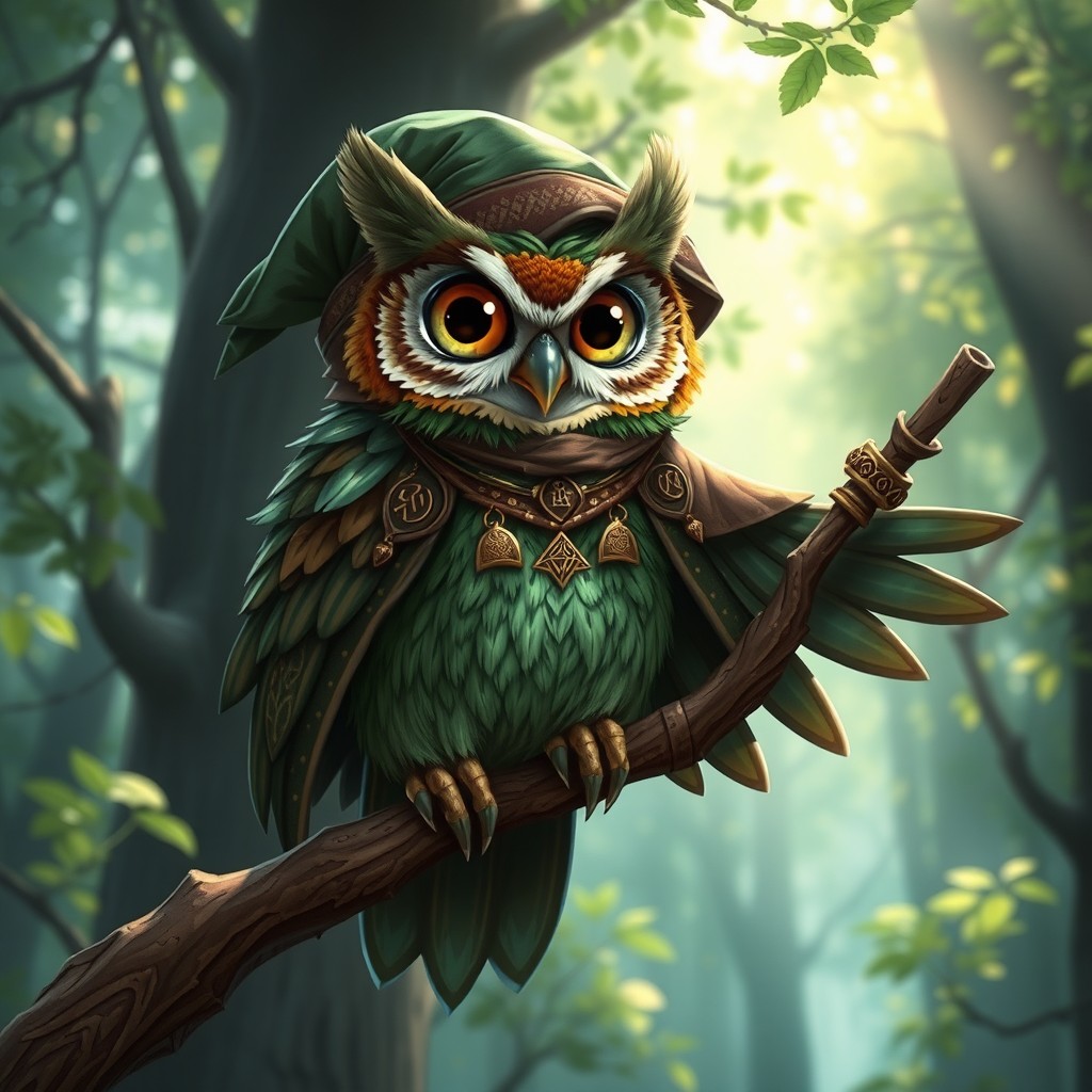 A female pygmy owl Aarakocra wizard perched confidently on a branch