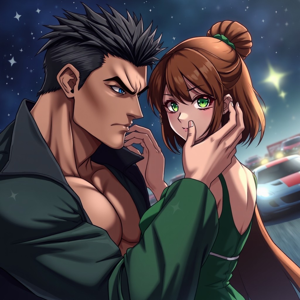 A dramatic and intense scene depicting a muscular male protagonist with black hair and blue eyes, wearing a fitted black jacket