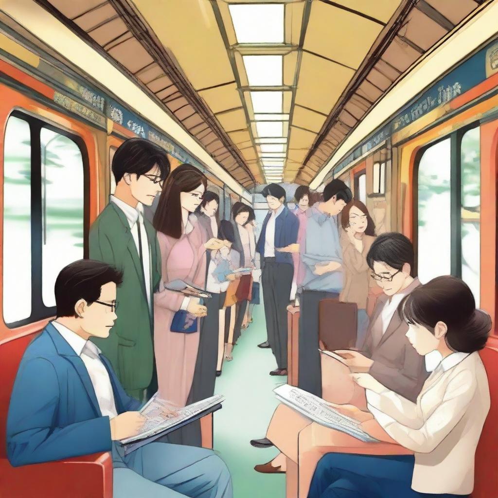 Various couples engaging in various activities such as reading, conversing, and observing the scenery inside a bustling local train