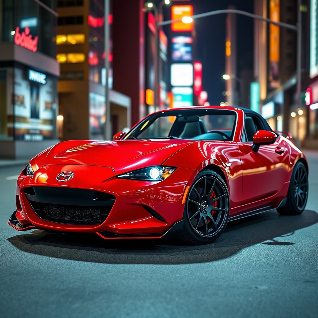 A strikingly modified red Mazda MX-5 Miata, showcasing its stunning tuning features