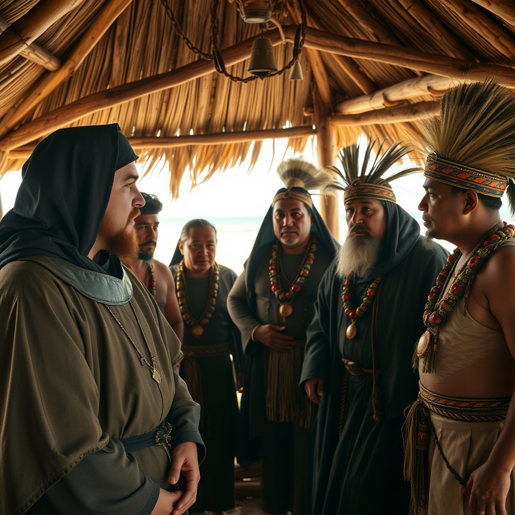 Two Jesuit priests from the 16th century, with smooth faces, engaged in conversation with four indigenous chiefs, also with smooth faces, inside an indigenous hut (oca)