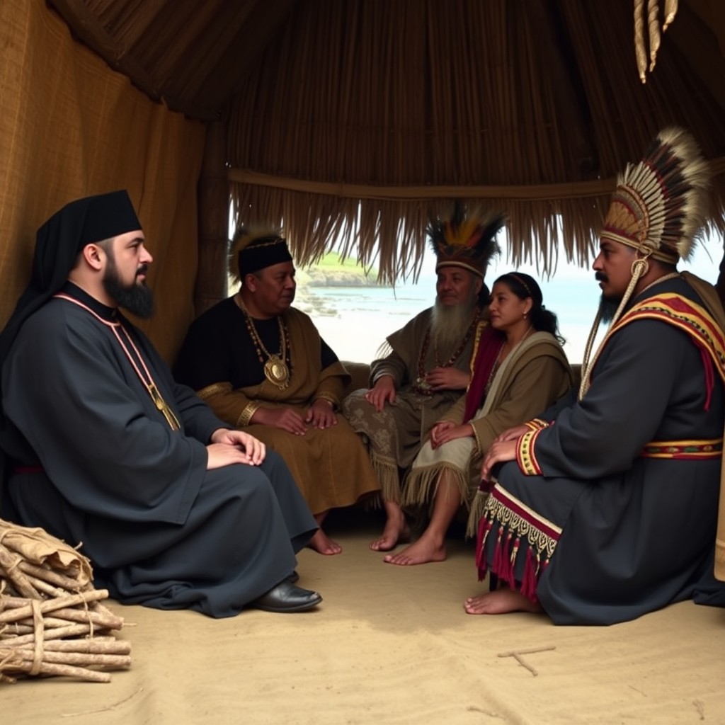 Two Jesuit priests from the 16th century with smooth faces are engaged in conversation with four Indigenous chiefs, also with smooth faces, wearing traditional Indigenous attire