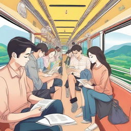 Various couples engaging in various activities such as reading, conversing, and observing the scenery inside a bustling local train