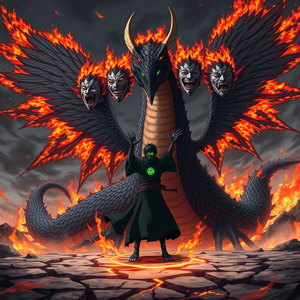 A massive demonic summon beast named Tsumekiri, featuring a giant black serpent body covered in burning feathers, adorned with six massive wings made of cursed fire