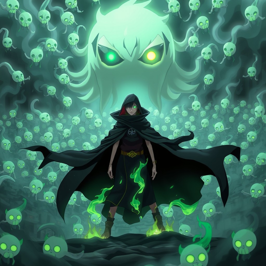 Anime villain Karra Uchiha is depicted summoning a cursed spirit swarm known as Reigun, surrounded by thousands of glowing ghost-like larvae with small eyes and smoky tails, some adorned with floating cracked masks