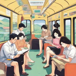 Various couples engaging in various activities such as reading, conversing, and observing the scenery inside a bustling local train