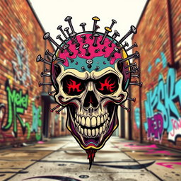 A crazy skull with nails embedded in its head, depicted in an edgy streetwear style