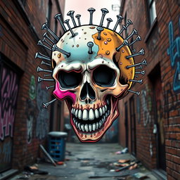 A crazy skull with nails embedded in its head, depicted in an edgy streetwear style
