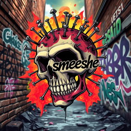 A crazy skull with nails embedded in its head, depicted in an edgy streetwear style