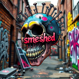 A crazy skull with nails embedded in its head, depicted in an edgy streetwear style