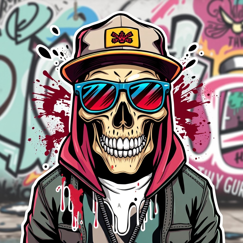 A stylized skull wearing streetwear fashion, featuring vibrant colors and bold designs