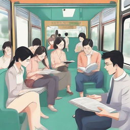 Various couples engaging in various activities such as reading, conversing, and observing the scenery inside a bustling local train