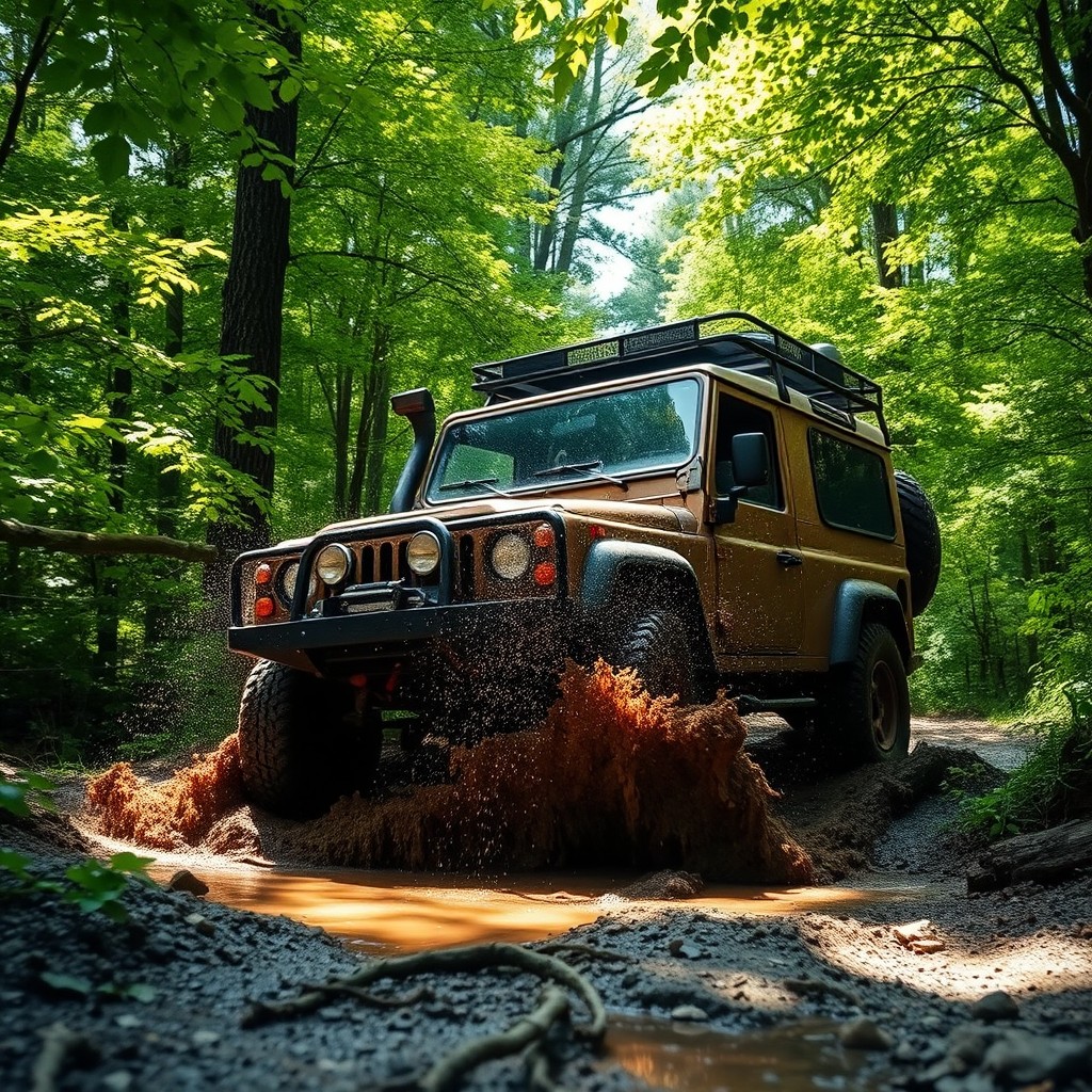 A rugged off-road scene featuring a strong, muddy 4x4 vehicle traversing through a dense forest terrain