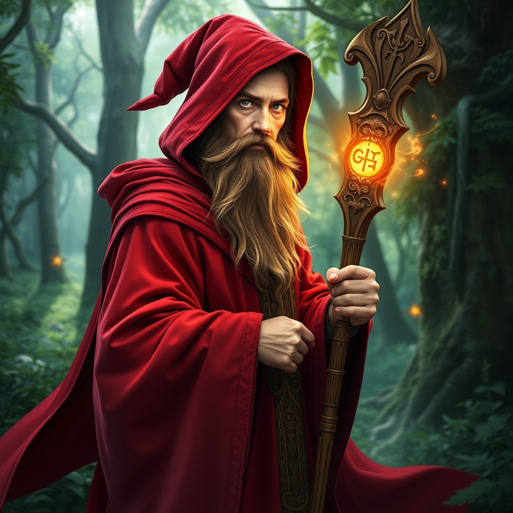 A white male wizard with a brown beard gracefully stands in a mystical forest, wearing a flowing red robe and a matching hood