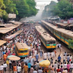 The bustling scene of Dadar, Mumbai with its famous railway station, vendors, crowded streets, and vibrant local culture