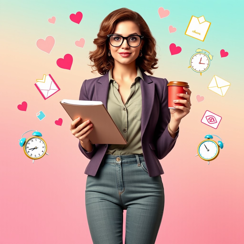 A confident woman standing poised and stylish, holding a planner in one hand and a coffee cup in the other