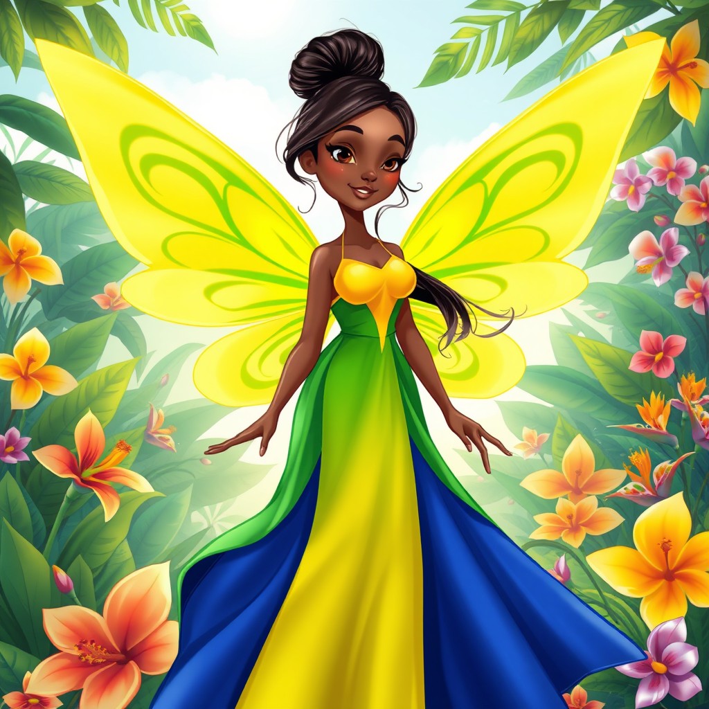 A stunning cartoon-style digital illustration of a beautiful Brazilian fairy standing gracefully in a vibrant, magical landscape
