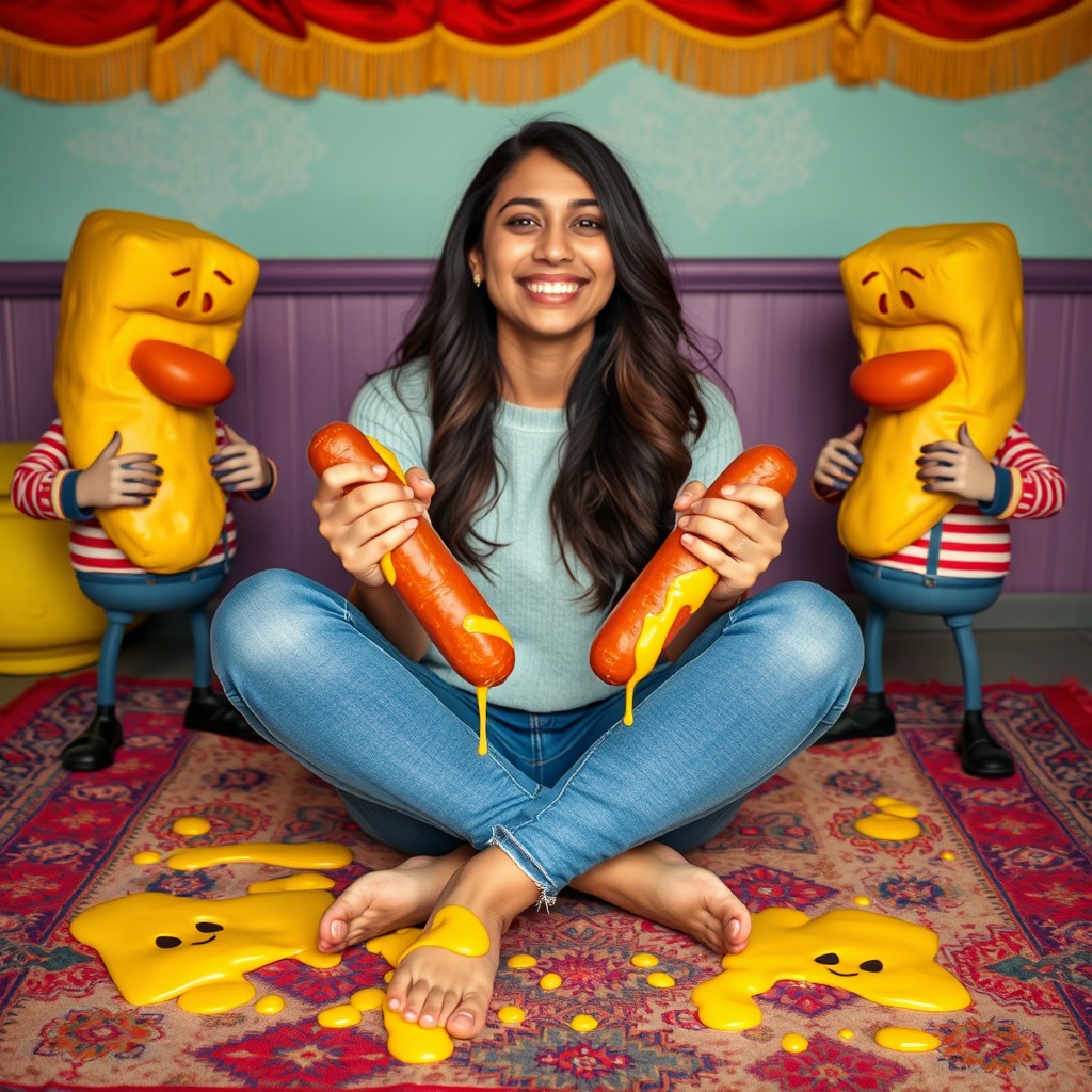 A scene featuring a beautiful young Pakistani woman, 18 years old, sitting on a colorful patterned rug in a whimsical setting, with her legs crossed in a relaxed criss-cross position