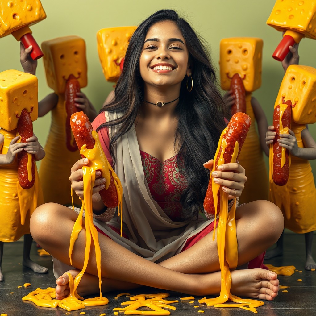 A hot young Pakistani woman, aged 18, sitting criss-cross with a joyful smile and her eyes closed
