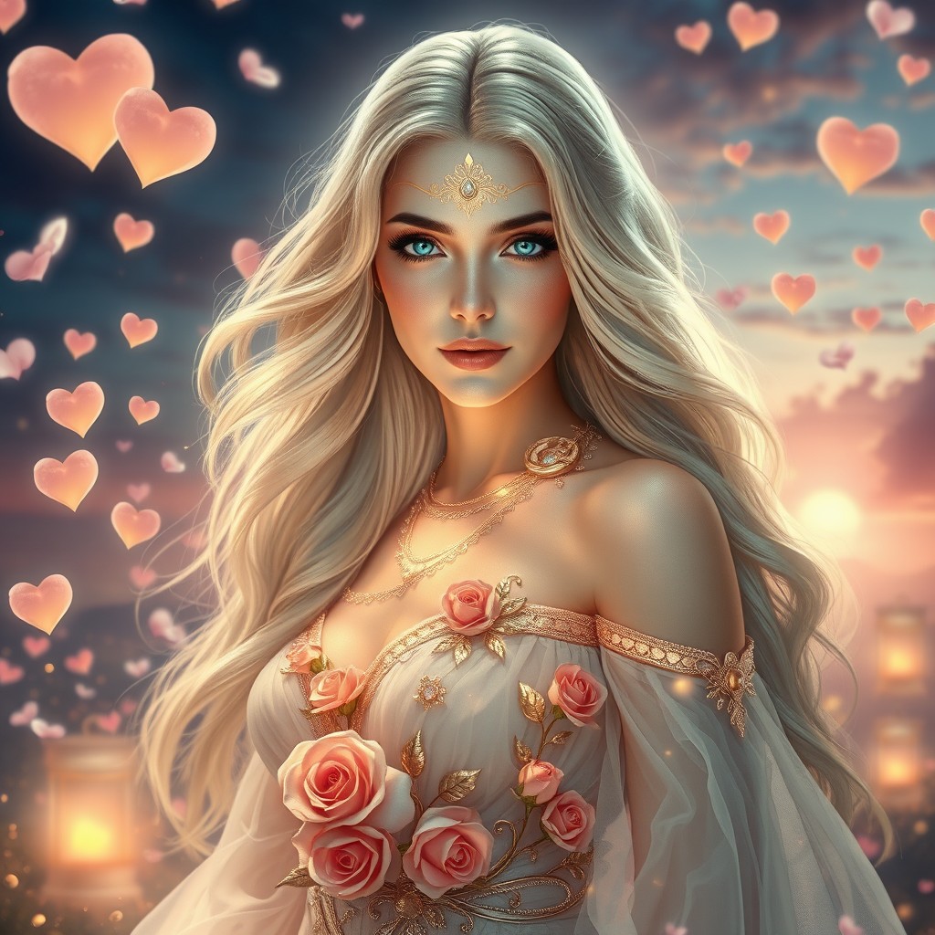 A breathtaking hyperrealistic image of a stunning Goddess of Love, radiating divine beauty and grace