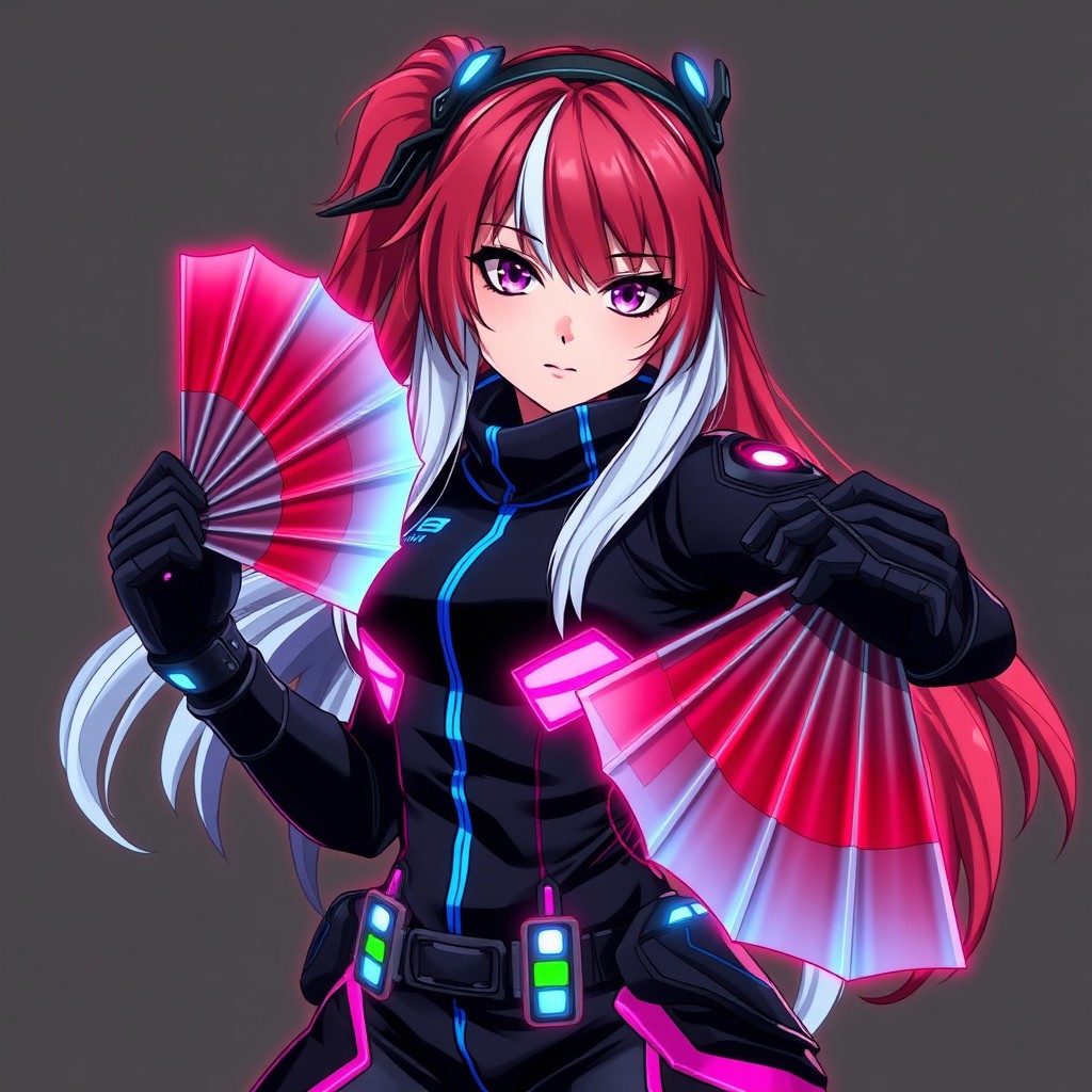 An aggressive anime-style character with fair skin and striking purple eyes, exuding confidence in a dynamic pose akin to the Guilty Gear aesthetic