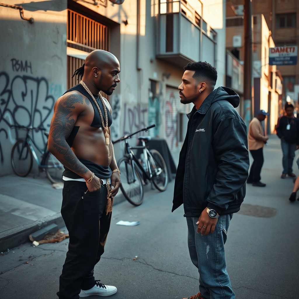 A street scene featuring a rapper dressed in stylish urban clothing, interacting with a client in a gritty neighborhood