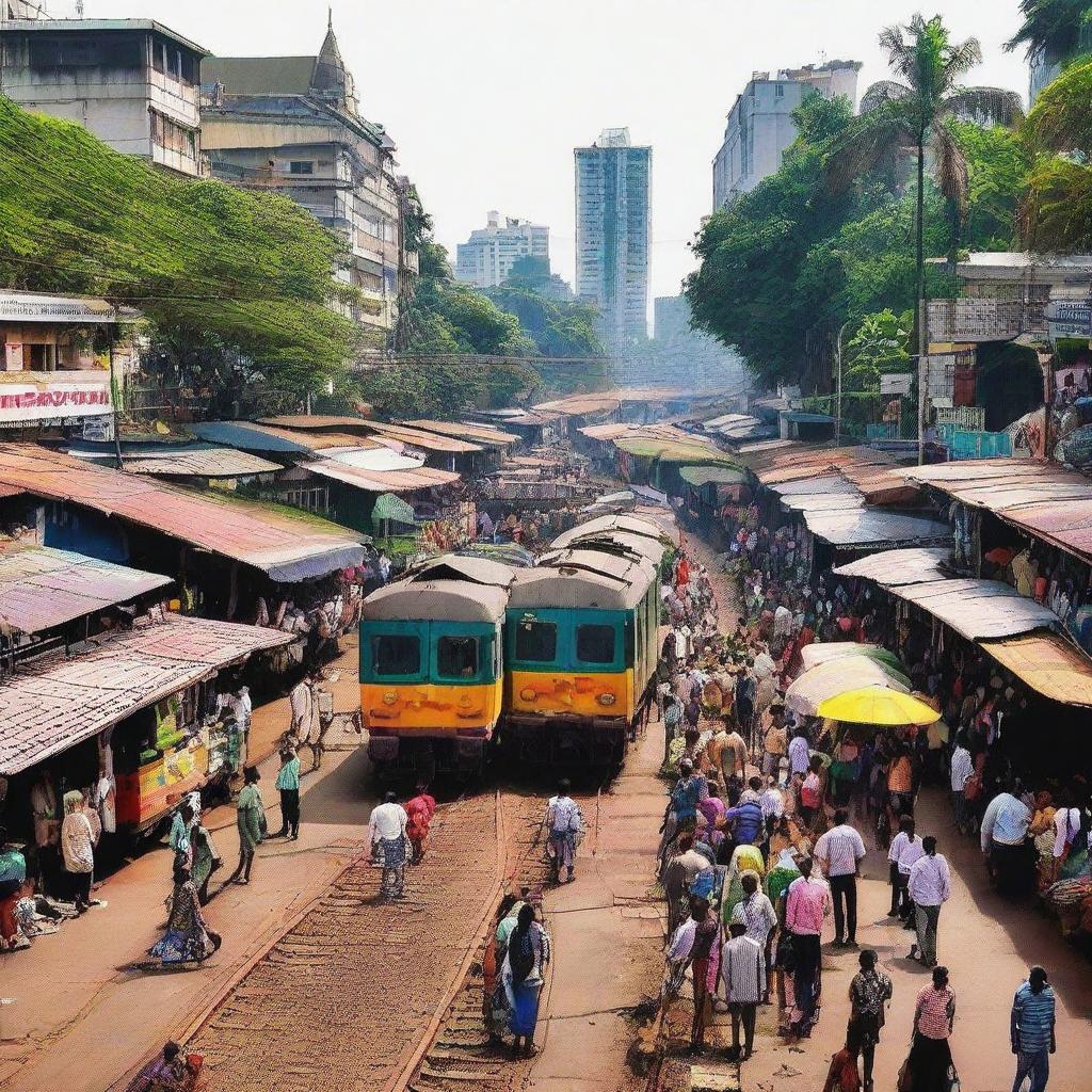 The bustling scene of Dadar, Mumbai with its famous railway station, vendors, crowded streets, and vibrant local culture