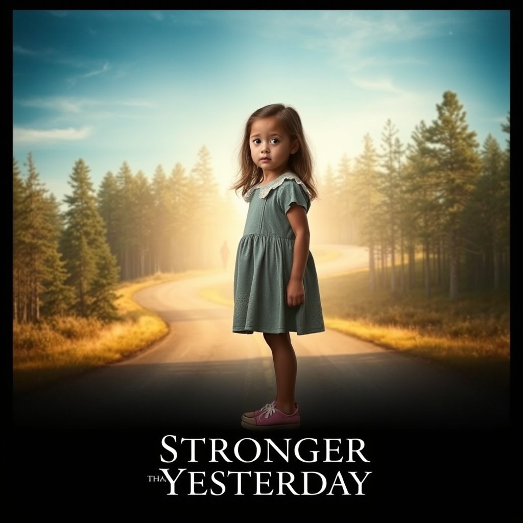 A poignant movie poster featuring a young girl standing on a winding road symbolizing her journey of resilience after losing her mother in a tragic car accident