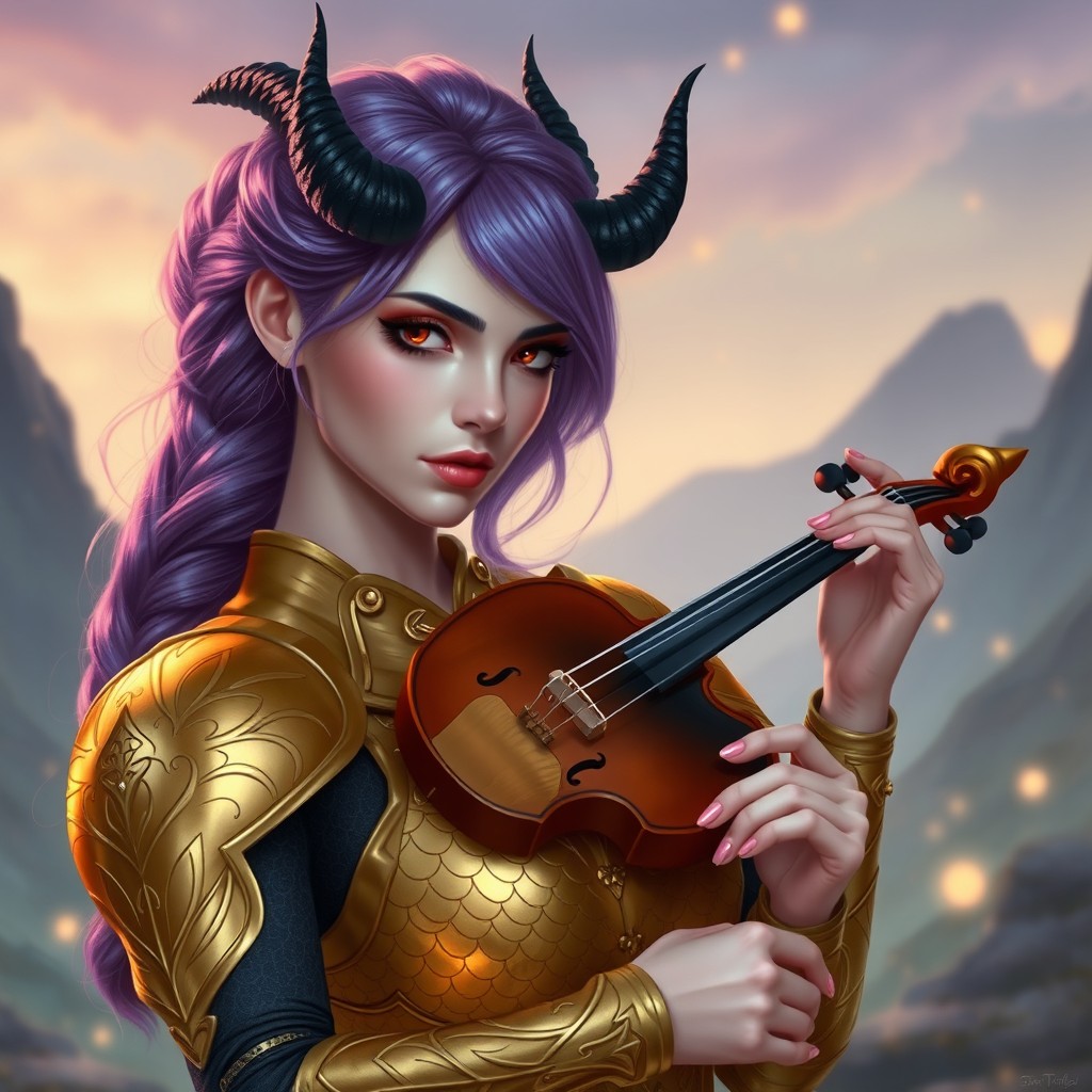 A beautiful woman with soft pink skin, bright red eyes, and long violet hair styled in a braid