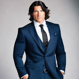 A tall and muscular man with dark blue eyes, white skin, and wavy black hair. He has a slim face and is wearing a suave suit.