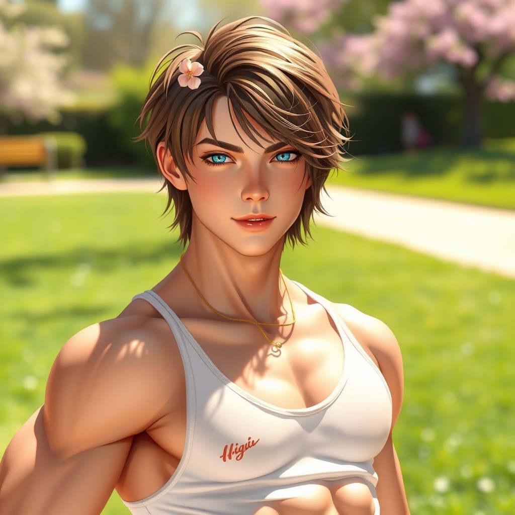 A handsome feminine boy with defined muscles, short brown hair, and striking blue eyes