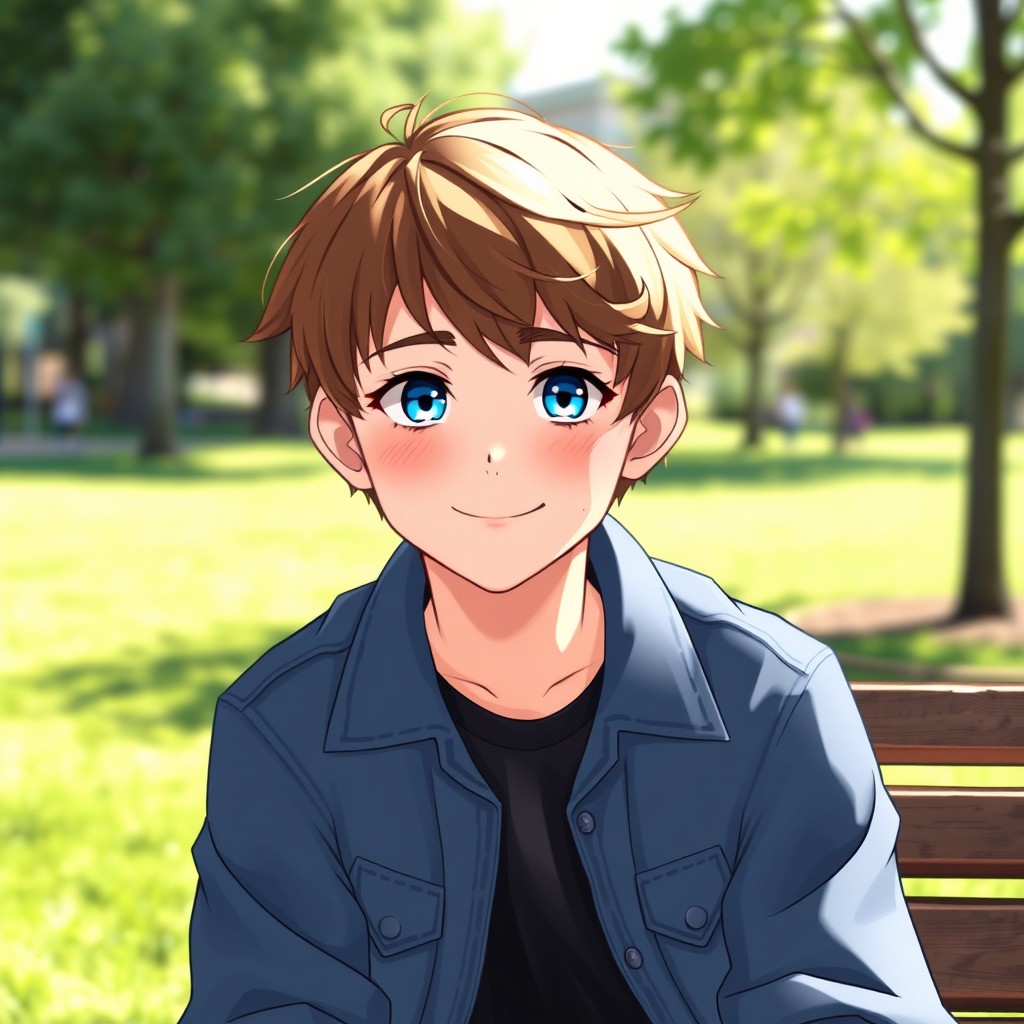 An average boy with slightly feminine facial features, short brown hair, and captivating blue eyes