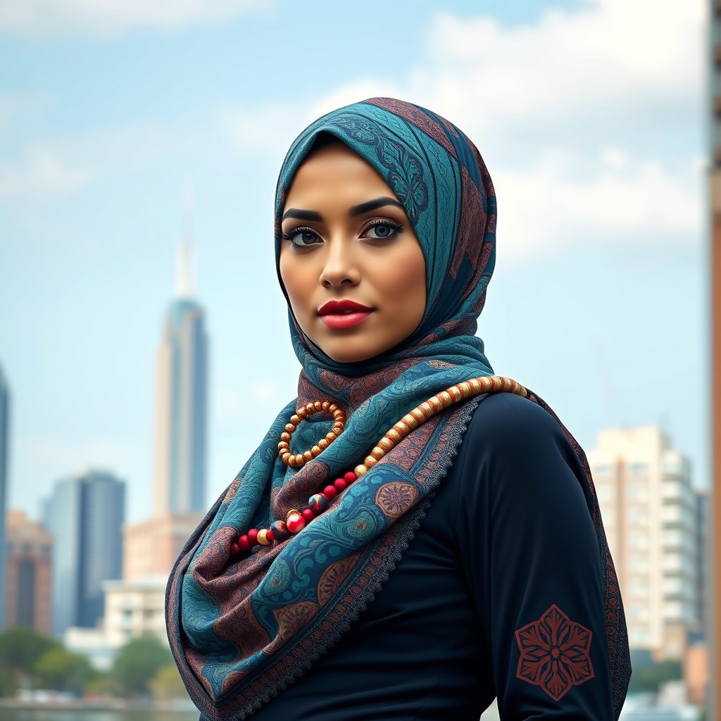 A confident and beautiful woman wearing a stylish and elegant hijab, showing off intricate patterns and rich colors