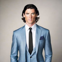 A tall and muscular man with dark blue eyes, white skin, and wavy black hair. He has a slim face and is wearing a suave suit.