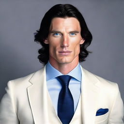 A tall and muscular man with dark blue eyes, white skin, and wavy black hair. He has a slim face and is wearing a suave suit.