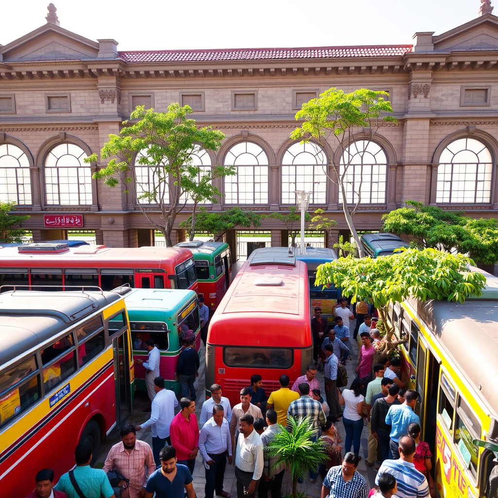 A vibrant scene at a traditional bus terminal, showcasing a variety of vintage and modern buses along with passengers waiting and bustling about