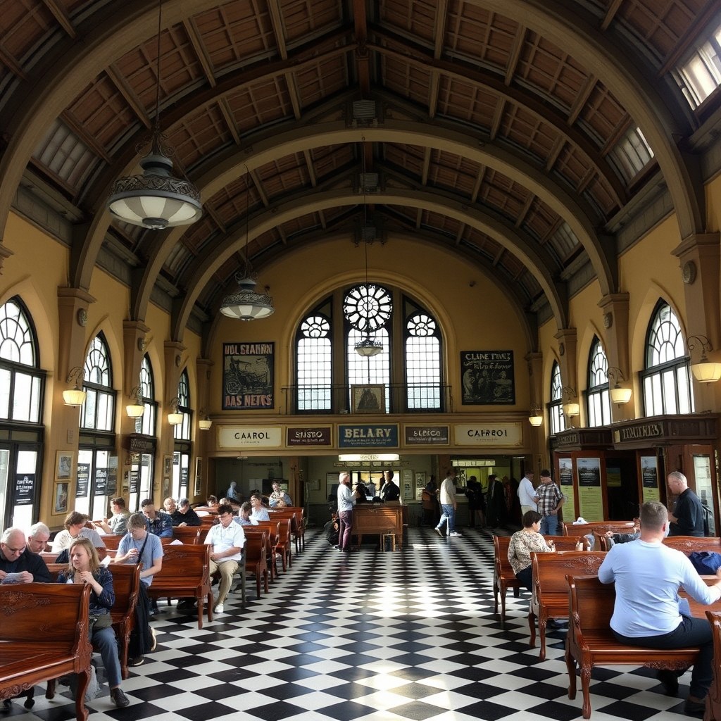 An inviting interior of an old bus station terminal, featuring vintage design elements such as ornate wooden benches, retro-style lighting fixtures, and large, high ceilings with archways