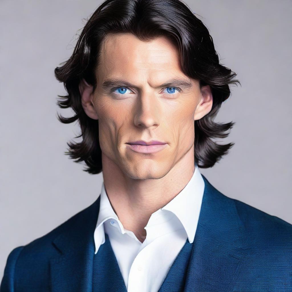 A tall and muscular man with dark blue eyes, white skin, and wavy black hair. He has a slim face and is wearing a suave suit.