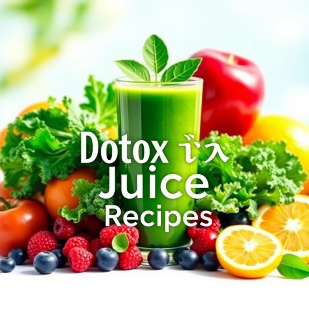 A vibrant and eye-catching cover design for a detox juice book, featuring a collection of colorful fruits and vegetables like kale, spinach, apples, oranges, and berries artfully arranged around a beautiful glass of refreshing green detox juice