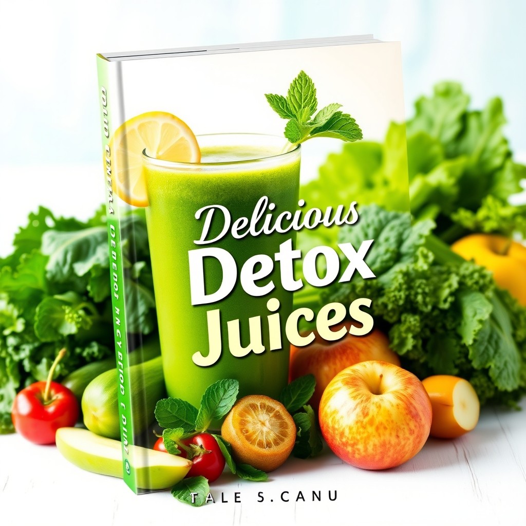 A fresh and appealing cover design for a detox juice book, prominently featuring a beautiful glass of green detox juice garnished with a slice of lemon and fresh mint leaves