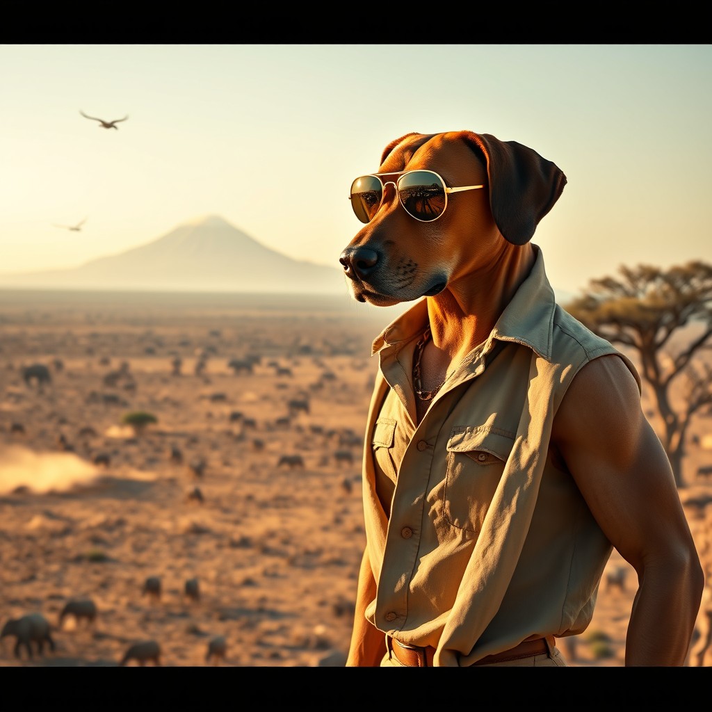An ultra-realistic cinematic portrait of Ridgy, a humanoid figure with the head of a Rhodesian Ridgeback: featuring short reddish-brown fur, a black muzzle, expressive amber eyes, and floppy ears