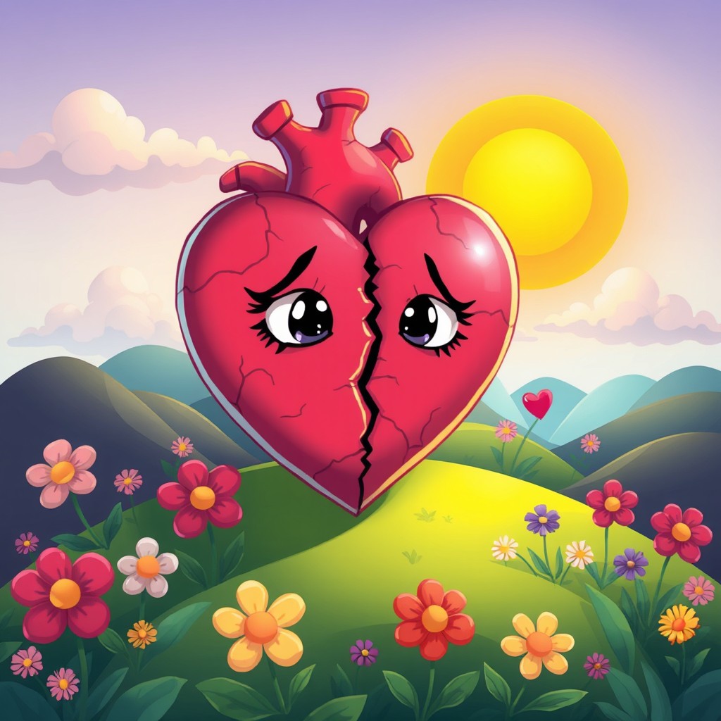 A whimsical illustration of a broken heart in a fantastical landscape