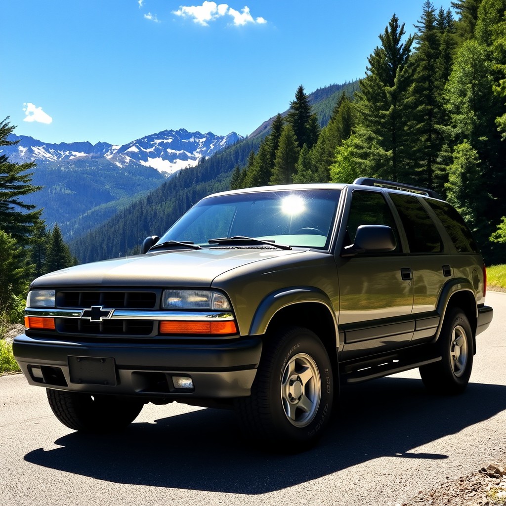 A 1998 Chevrolet Rodeo parked on a picturesque mountain road, surrounded by lush green forests and a clear blue sky
