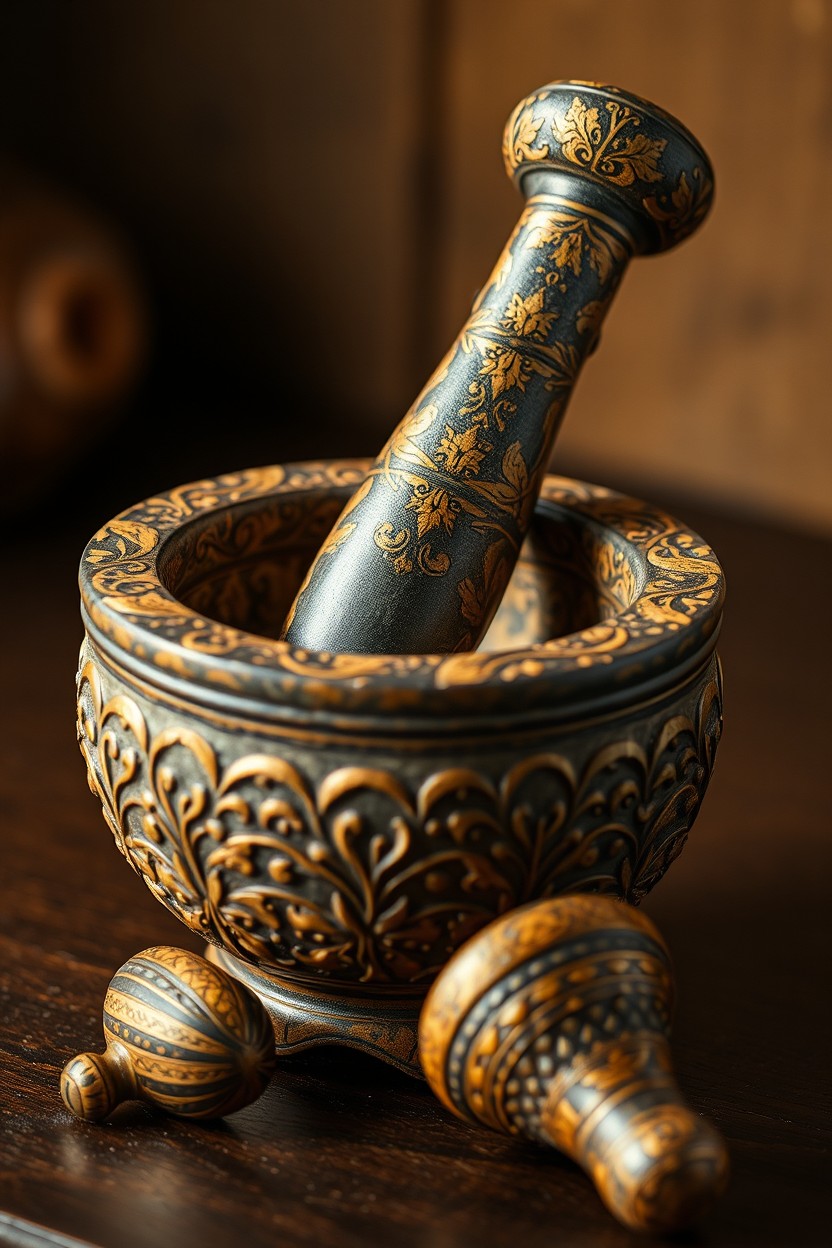 A small mortar resembling a phallic shape, beautifully crafted with intricate designs, filled with a pestle that looks like an exaggerated phallic symbol