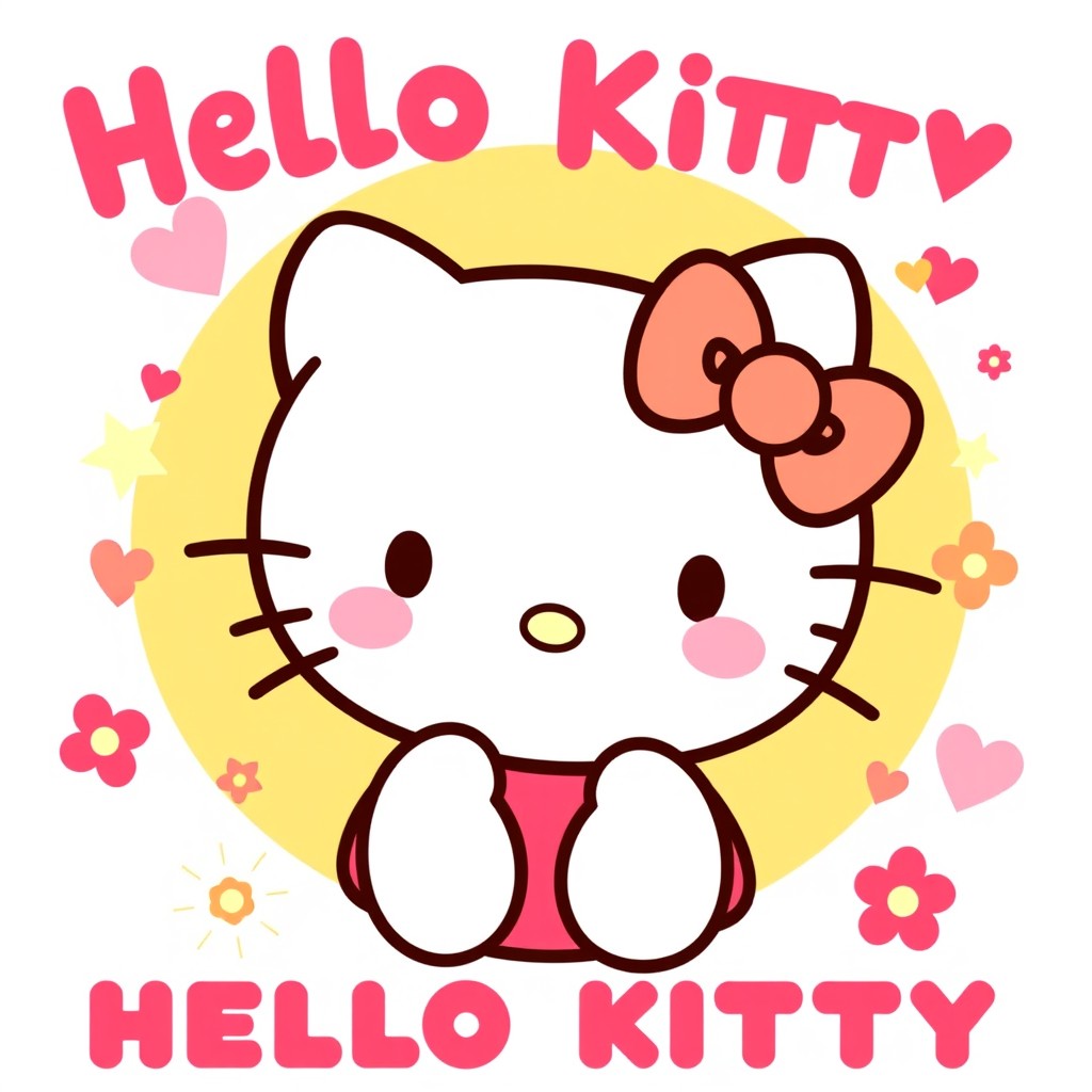 A joyful and playful representation of Hello Kitty, the iconic character, depicted with her signature bow and cheerful expression
